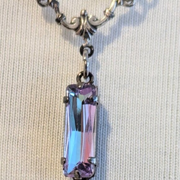 Artisian Statemen Silver Toned w/ Crystal & long "Peacock" like Pendant Necklace - Picture 3 of 4